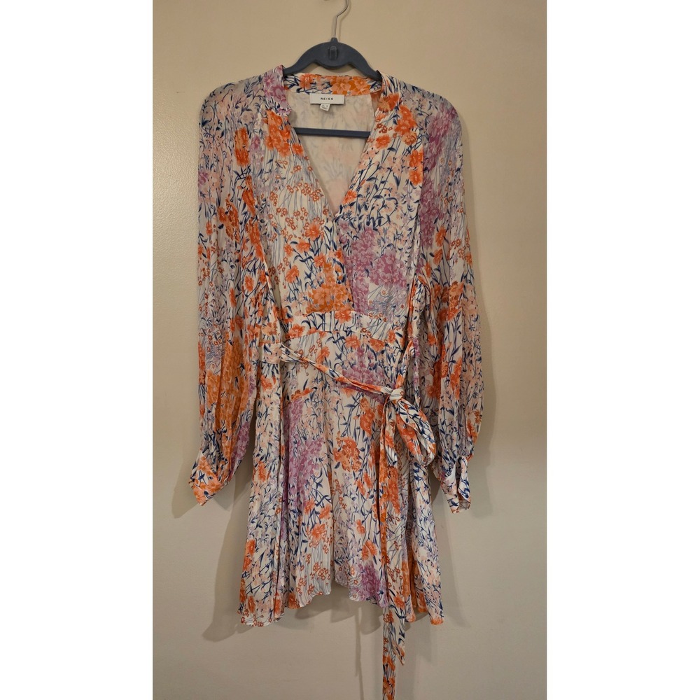 Reiss Kiera Floral Mini Dress Orange Lilac Wrap V-Neck Belted Size 8